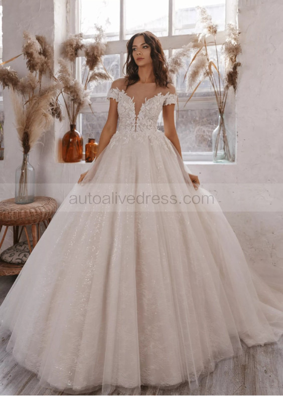 Short Sleeves Ivory Lace Tulle V Back Glitter Wedding Dress